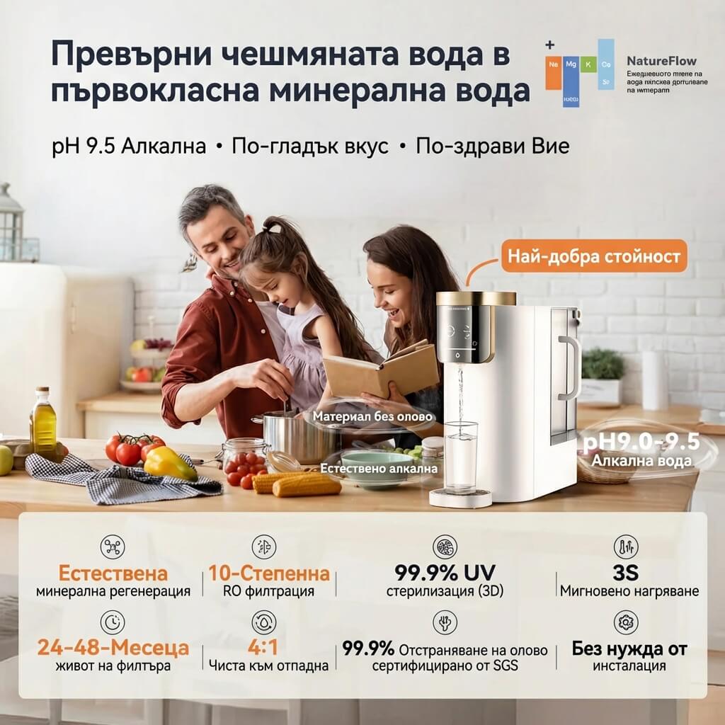 NatureFlow F4 Gen 2 – Домашна система за пречистване на вода с алкална RO технология и моментална гореща вода (pH 9.5)