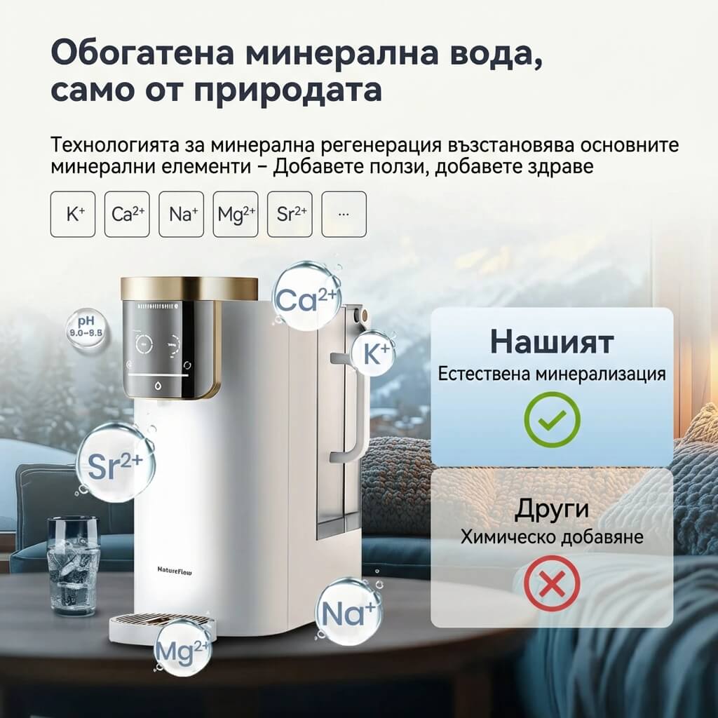 NatureFlow F4 Gen 2 – Домашна система за пречистване на вода с алкална RO технология и моментална гореща вода (pH 9.5)